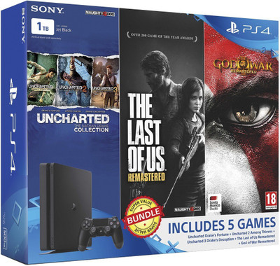Sony PlayStation 4 (PS4) Slim 1 TB with Uncharted Collection, The Last of Us Remastered and God of War Remastered(Jet Black)
Sony PlayStation 4 (PS4) Slim 1 TB with Uncharted Collection, The Last of Us Remastered and God of War Remastered(Jet Black)