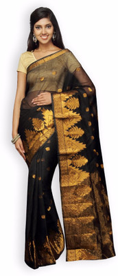 Pavechas Polka Print Banarasi Cotton, Net, Silk Saree(Black
