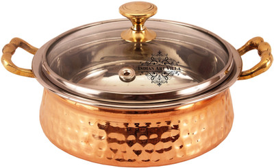 IndianArtVilla Steel Copper Serving Casserole with Glass Lid Serve Casserole(2200 ml), Brown;silver