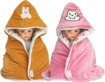 My NewBorn Cartoon Hooded Baby Blanket(Polyester, Beige, Pink