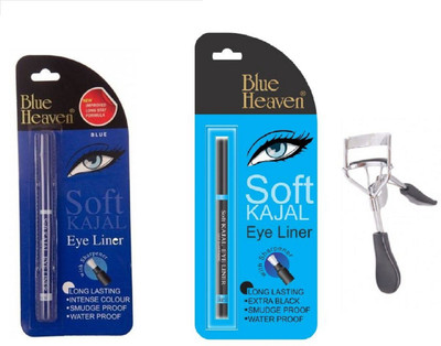 Blue Heaven black,blue soft kajal with eye lash curler(Set of 3)