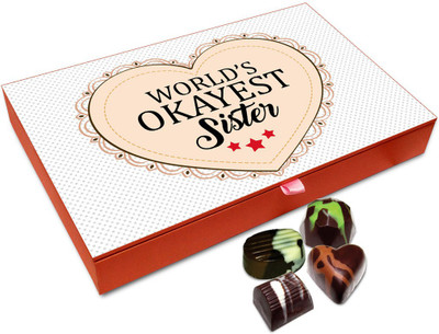 Chocholik Raksha-bandhan Gift Box - Yearning Worlds Okayest Sister Chocolate Box For Brother / Sister - 12pc Truffles(144 g)
Chocholik Raksha-bandhan Gift Box - Yearning Worlds Okayest Sister Chocolate Box For Brother / Sister - 12pc Truffles(144 g)