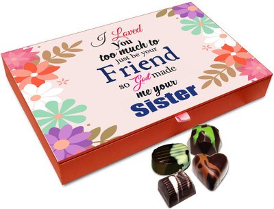 Chocholik Rakhi Gift Box - A Friend Like Sister Chocolate Box For Brother / Sister - 12pc Truffles(144 g)
Chocholik Rakhi Gift Box - A Friend Like Sister Chocolate Box For Brother / Sister - 12pc Truffles(144 g)