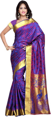 Varkala Silk Sarees Woven Kanjivaram Saree(Blue, Red), Royal blue