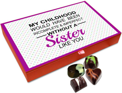 Chocholik Rakhi Gift Box - My Childhood Is Incomplete Without My Sister Chocolate Box For Brother / Sister - 12pc Truffles(144 g)
Chocholik Rakhi Gift Box - My Childhood Is Incomplete Without My Sister Chocolate Box For Brother / Sister - 12pc Truffles(144 g)