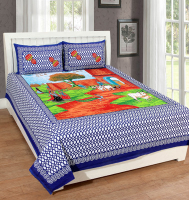 PHF 150 TC Cotton Double Printed Bedsheet(Pack of 1, Blue)