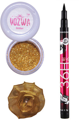 VOZWA Golden Gilliter Powder, Sketch Eye Liner and Golden band.(Set of 3)