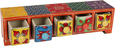 Indikala 5 Compartments Wood & Ceramic Drawer(Multicolor)