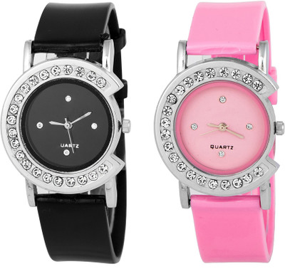 Keepkart Black And Pink Stylish Studed Diamond Dial Attractive Woman Analouge Watch Watch - For Girls