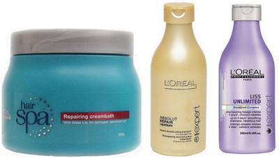 L'Oreal Paris PROFESSIONNEL REPAIRING HAIR SPA WITH ABSOLUT & LISS UNLMITED SHAMPOOS(Set of 1)
L'Oreal Paris PROFESSIONNEL REPAIRING HAIR SPA WITH ABSOLUT & LISS UNLMITED SHAMPOOS(Set of 1)