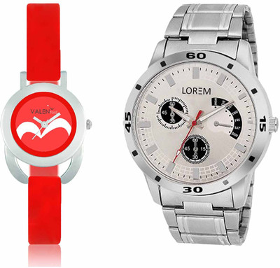 LOREM WAT-W06-0101-W07-0019-COMBOLOREMSilver::Red Designer Stylish Shape Best Offer Combo Couple Watch - For Men & Women