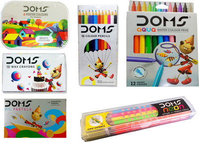 DOMS COMBO PACK OF- POSTER COLOUR (6 SHADES)+ WAX CRAYONS (12 SHADES )+OIL PASTEL (12 SHADES )+AQUA BIG WATER COLOUR PENS (12 COLOR)+ COLOUR PENCIL (12 PENCIL)+ NEON GROOVE TRIANGLE PENCIL(10 PENCIL) DRAWING SET
DOMS COMBO PACK OF- POSTER COLOUR (6 SHADES)+ WAX CRAYONS (12 SHADES )+OIL PASTEL (12 SHADES )+AQUA BIG WATER COLOUR PENS (12 COLOR)+ COLOUR PENCIL (12 PENCIL)+ NEON GROOVE TRIANGLE PENCIL(10 PENCIL) DRAWING SET