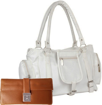 Lady bar Shoulder Bag(White, Tan), Tan;white