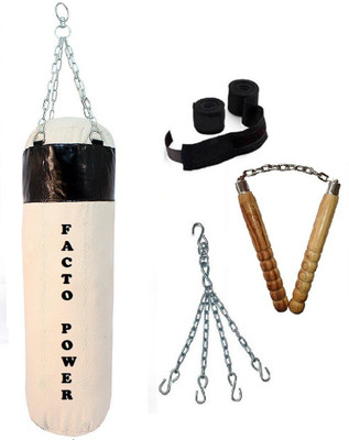FACTO POWER 1.5 Feet Long, CANVAS Material, White and Black Color, Unfilled with Hanging Chain with 9 Feet Long Black Color Hand Wraps Pair & Wooden Handle Non Chaku Boxing Kit
FACTO POWER 1.5 Feet Long, CANVAS Material, White and Black Color, Unfilled with Hanging Chain with 9 Feet Long Black Color Hand Wraps Pair & Wooden Handle Non Chaku Boxing Kit