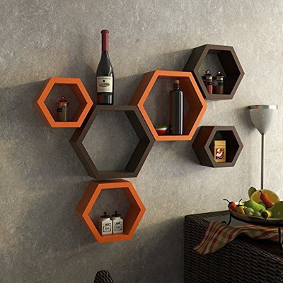 Decorasia Hexagon Shape Wooden Wall Shelf(Number of Shelves - 6, Brown, Orange)