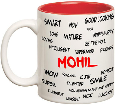 Huppme Good Personality Mohil Inner Red Ceramic Mug(350 ml), Red;white
