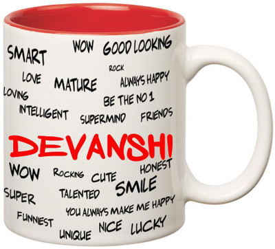 Huppme Good Personality Devanshi Inner Red Ceramic Mug(350 ml), Red;white