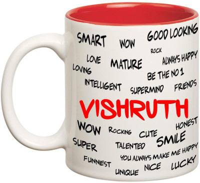 Huppme Good Personality Vishruth Inner Red Ceramic Mug(350 ml), Red;white