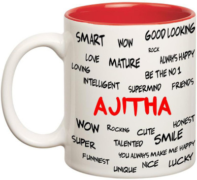 Huppme Good Personality Ajitha Inner Red Ceramic Mug(350 ml), Red;white