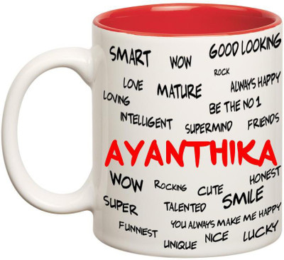 Huppme Good Personality Ayanthika Inner Red Ceramic Mug(350 ml), Red;white