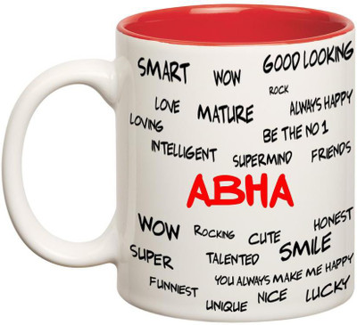 Huppme Good Personality Abha Inner Red Ceramic Mug(350 ml), Red;white