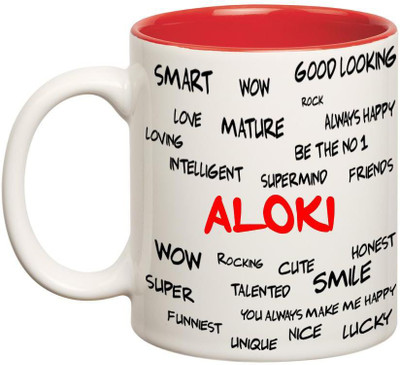 Huppme Good Personality Aloki Inner Red Ceramic Mug(350 ml), Red;white