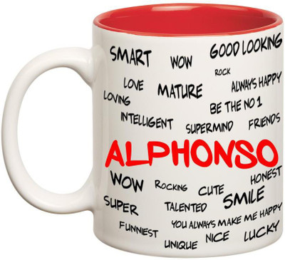 Huppme Good Personality Alphonso Inner Red Ceramic Mug(350 ml), Red;white