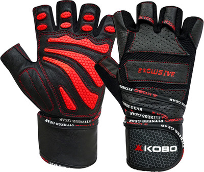 Kobo Exercise Leather Weight Lifting Grippy Hand Protector Padded With Wrist Support Gym & Fitness Gloves (XL, Black)