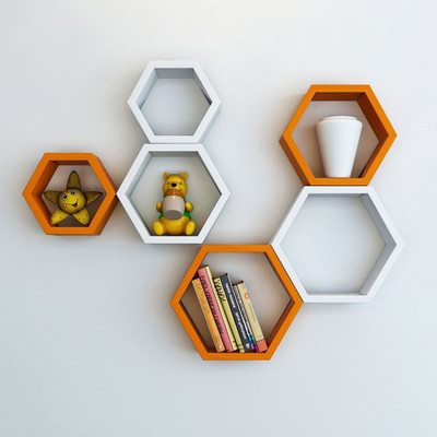 Decorasia Hexagon Shape MDF Wall Shelf(Number of Shelves - 6, White, Orange)