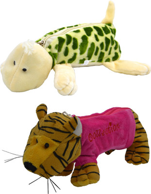 Hrinkar Cartoon Pencil Pouch Animal and Animal Art Plastic Pencil Boxes(Set of 2, Green, Pink, Yellow)