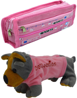 Hrinkar Cartoon Pencil Pouch Printed and Animal Art Plastic Pencil Boxes(Set of 2, Pink, Grey, Pink, Brown)