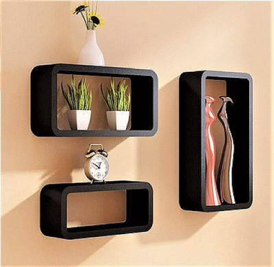 Ganeshaas Set of 3 All Rectangular Black Floating Racks MDF Wall Shelf(Number of Shelves - 3, Black)