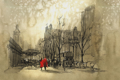 couple walking on city sketch on canvas Canvas Art(16 inch X 24 inch, Rolled)