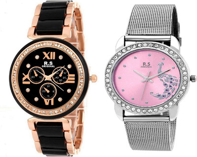 R S Original DIWALI DHAMAKA OFFER GIRLS SET OF 2 BLACK & PINK RSO-109 Series Watch - For Women