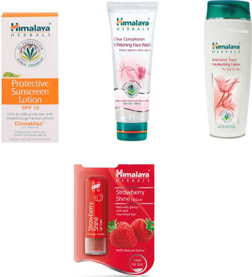 Himalaya Protective Sunscreen Lotion, Clear Complexion Whitening Face Wash, Intensive Face Moisturizing Lotion, Strawberry Shine Lip Care(Set of 4)
Himalaya Protective Sunscreen Lotion, Clear Complexion Whitening Face Wash, Intensive Face Moisturizing Lotion, Strawberry Shine Lip Care(Set of 4)