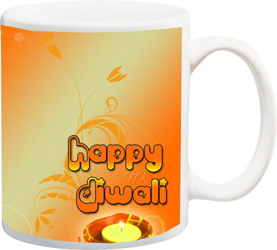 Stylotrendz Happy Diwali Orange Yellow Print Ceramic Mug(325 ml), White