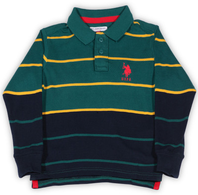 US Polo Kids Boys Striped Cotton T Shirt(Green, Pack of 1, Med green