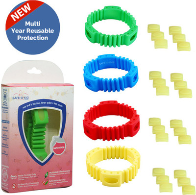Safe-O-Kid Set of 4 YELLOW+GREEN+BLUE+RED TRIPLE POWER Anti-Mosquito Band+6 FREE Mos Patches+24 Refills, DEET-Free, Reusable, Mosquito Band(Pack of 4)
