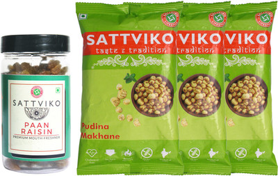 Sattviko Snacks Combo (Pudhina Makhana - Pack of 3 and Paan Raisin - Pack of 1), 163 grams Combo(163)