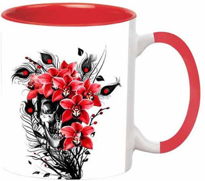 Ashvah Skull Flower Ceramic Mug(350 ml), Red