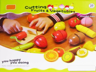 

Montez 12 Pcs Wooden Realistic Velcro Sliceable Vegetables & Fruits Cutting Playset Toy with Chopping Board and Knife