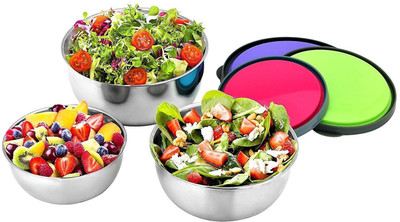 Blue Birds BOWL SET OF 3 PCS WITH COLOR LID Stainless Steel Bowl Set(Steel, Pack of 3)