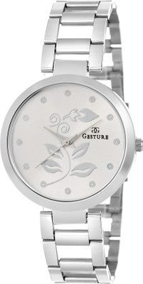 Gesture 10-Stylish Silver Floral Dial Modish Watch - For Women