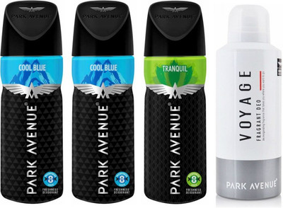 Park Avenue 2 Cool Blue and 1 Tranquil and 1 Voyage Deodorant Combo Pack of 4 Deodorant Spray - For Men(520 ml, Pack of 4)
Park Avenue 2 Cool Blue and 1 Tranquil and 1 Voyage Deodorant Combo Pack of 4 Deodorant Spray - For Men(520 ml, Pack of 4)