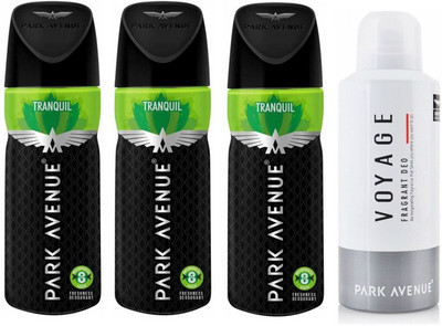 Park Avenue 3 Tranquil and 1 Voyage Deodorant Combo Pack of 4 Deodorant Spray - For Men(520 ml, Pack of 4)
Park Avenue 3 Tranquil and 1 Voyage Deodorant Combo Pack of 4 Deodorant Spray - For Men(520 ml, Pack of 4)