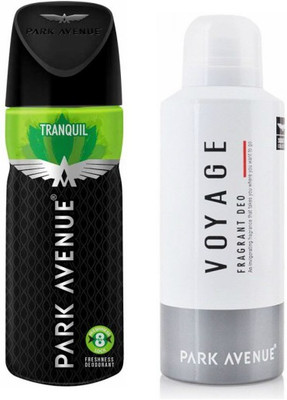 Park Avenue 1 Tranquil and 1 Voyage Deodorant Combo Pack of 2 Deodorant Spray - For Men(260 ml, Pack of 2)
Park Avenue 1 Tranquil and 1 Voyage Deodorant Combo Pack of 2 Deodorant Spray - For Men(260 ml, Pack of 2)