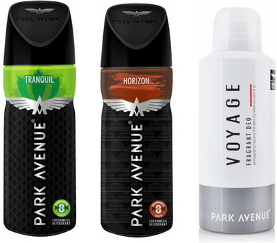 Park Avenue 1 Tranquil and 1 Horizon and 1 Voyage Deodorant Combo Pack of 3 Deodorant Spray - For Men(390 ml, Pack of 3)
Park Avenue 1 Tranquil and 1 Horizon and 1 Voyage Deodorant Combo Pack of 3 Deodorant Spray - For Men(390 ml, Pack of 3)