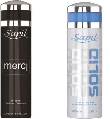 Sapil Solid & Merci combo set of 2pcs Deodorant Spray - For Men & Women(200 ml, Pack of 2) 
Sapil Solid & Merci combo set of 2pcs Deodorant Spray - For Men & Women(200 ml, Pack of 2)