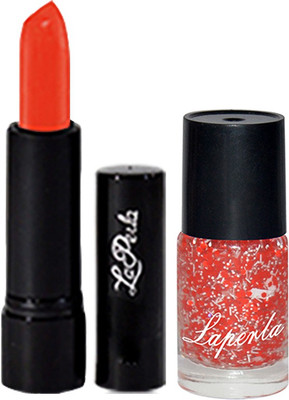 La Perla Orange Sparkle Nail Paint & Crrolla Hot Oranage Lipstick(Set of 3)
