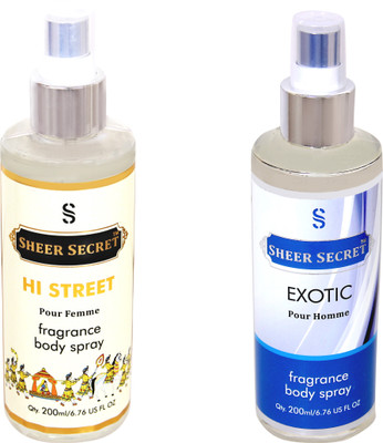 SHEER SECRET EXOTIC MEN::HI STREET WOMEN Body Mist - For Men & Women(400 ml, Pack of 2)
SHEER SECRET EXOTIC MEN::HI STREET WOMEN Body Mist - For Men & Women(400 ml, Pack of 2)